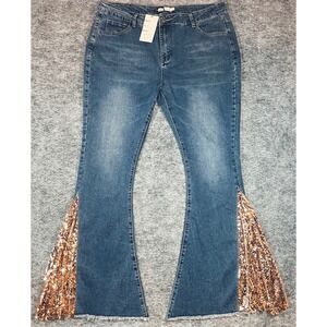 Home Folk Sequin Flare Bell Bottom Jeans Womens 16 Blue Rose Gold Glam Boho Chic